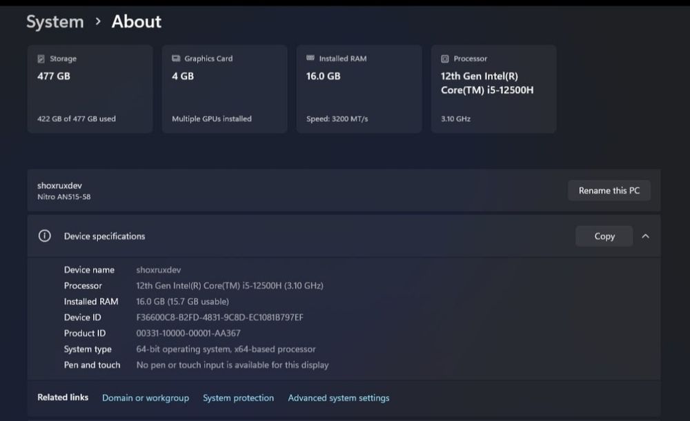 Acer Nitro 5 i5-12500H/RTX 3050Ti/16GB RAM/512GB SSD+1TB HDD