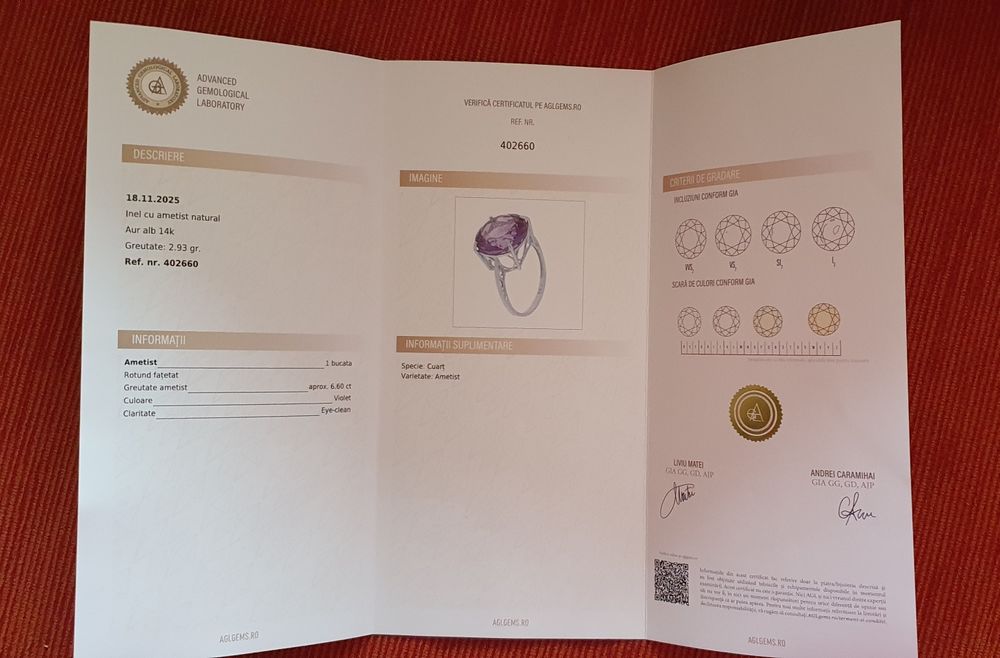 Vând inel aur alb 14k cu ametist natural