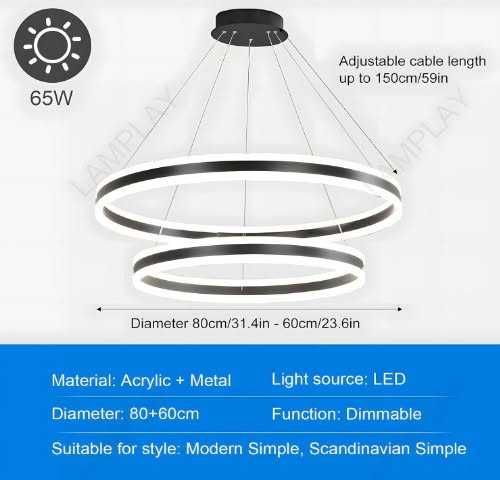 Луксозен LED полилей LAMPLAY, модерна LED висяща лампа 65W, голяма таванна лампа с 2 черни пръстена 60+80 см