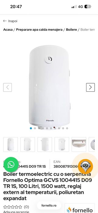 Boiler termoelectric cu o serpentina Fornello Optima GCVS 1004415 D09 TR 1S, 100 Litri, 1500 watt, reglaj extern al temperaturii, poliuretan expandat