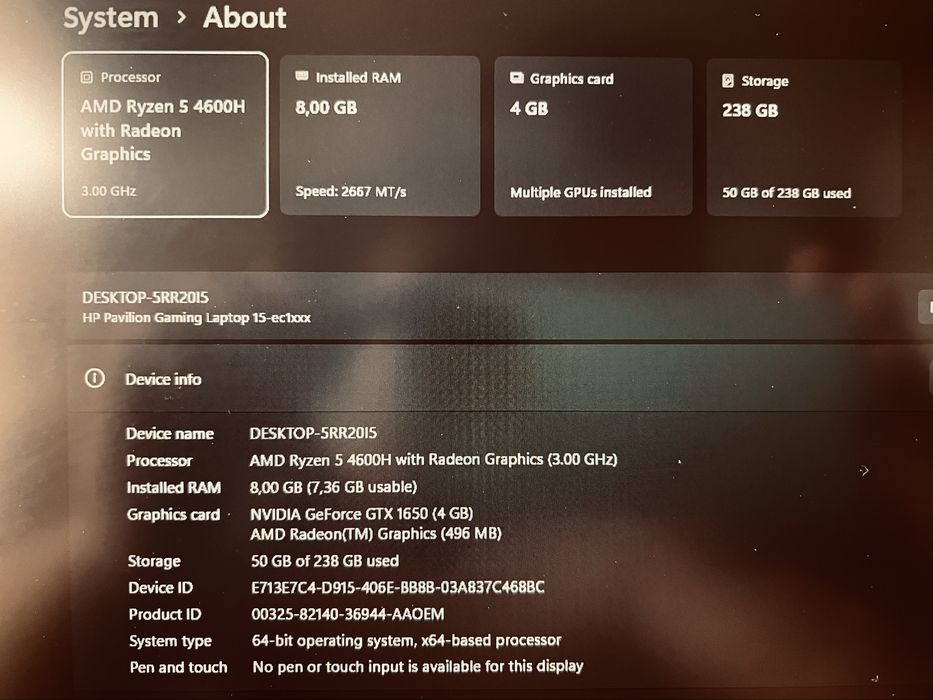 Laptop Gaming HP, AMD Ryzen 4600H (12 CPU), nVidia GeForce 1650 4GB
