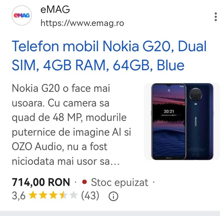 telefon NOKIA G20, 4GB/64GB, baterie 5050 mAh, Android 13