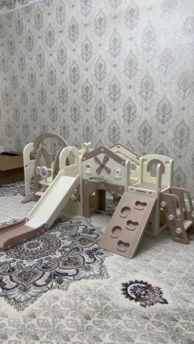 Большой детский комплект горка и качели, баскетбольное кольцо