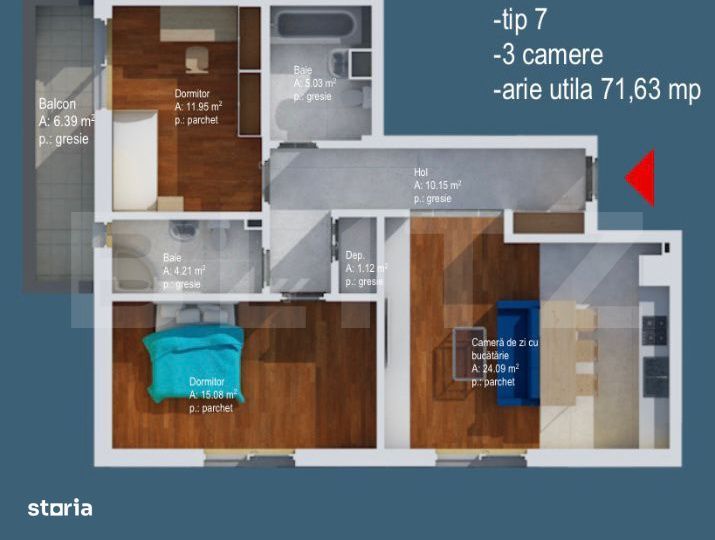 Apartament 3 Camere | 72 mp | 2 Bai | Balcon | Sud-Vest | Baciu