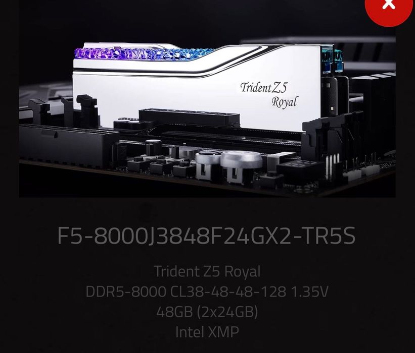 G.Skill Trident Royal Z Silver 48GB(2x24GB) 8000 CL38 Intel XMP 3.0