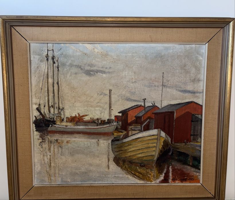 Орегинална живопис-неизвестен шведски художник. Морски пейзаж с лодки