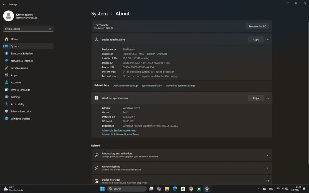Геймърски лаптоп Acer predator Helios neo 16 RTX 4070(8gb) I7-14700HX