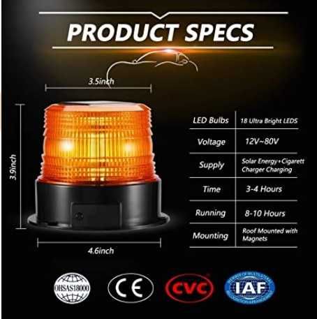 Соларна LED сигнална лампа маяк 18 диода 12/24V - оранжева