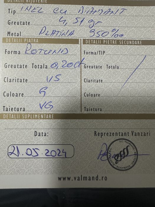 Inel elegant din platina cu diamant 0.20 ct -marime 50