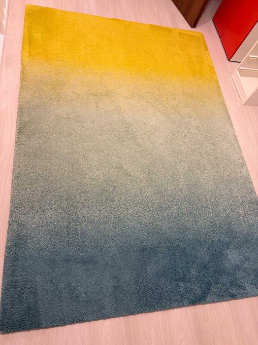 Covor, fir lung, albastru/verde galben, Ikea