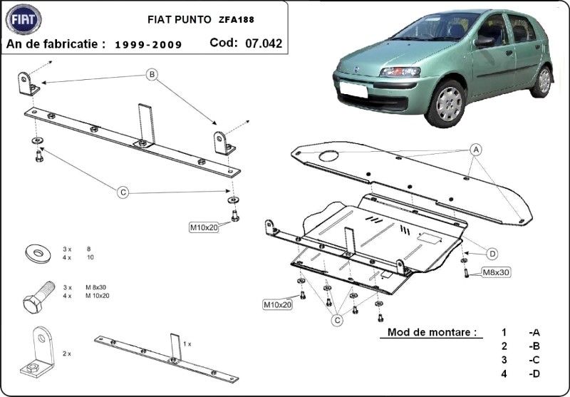 Scut motor metalic pentru Fiat Punto I, II 1993-prezent - otel 2mm