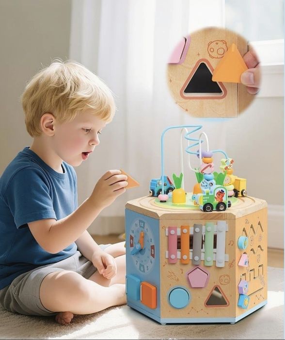 Jucarie din lem Cub Montessori  14 moduri de joaca