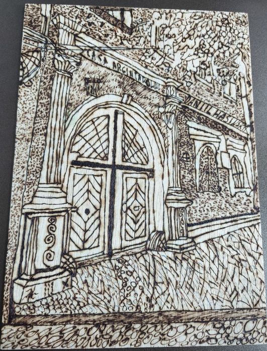 Tablou unic pirogravat, fațada Casa Argentina.