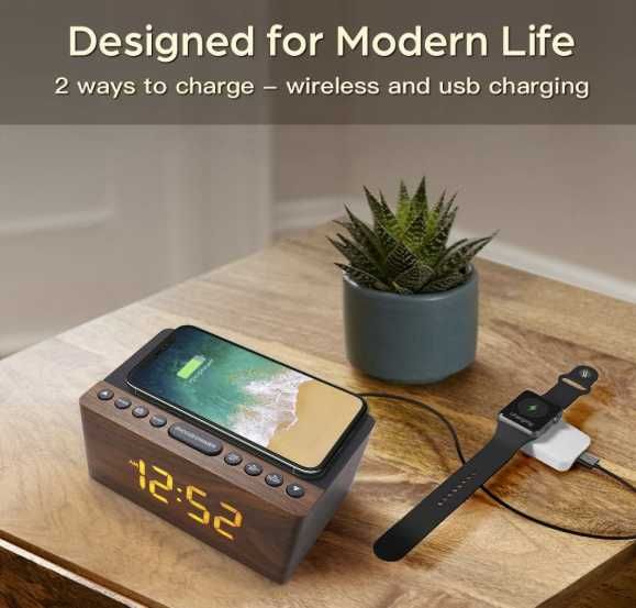 Ceas digital de lemn, cu wireless charger telefon si radio