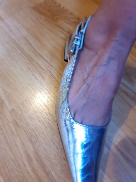 Balerini dama argintii, piele, noi