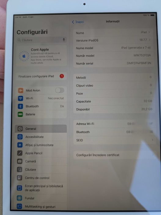 Apple iPad 10.2 (2019) 32GB generatia 7, model A2197, foarte putin folosita