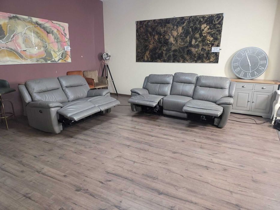 Сив кожен комплект дивани тройка и двойка с ел. релакс механизъм