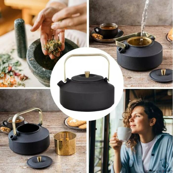 Ceainic din fonta cu strecuratoare, interior emailat, 1l, negru cu