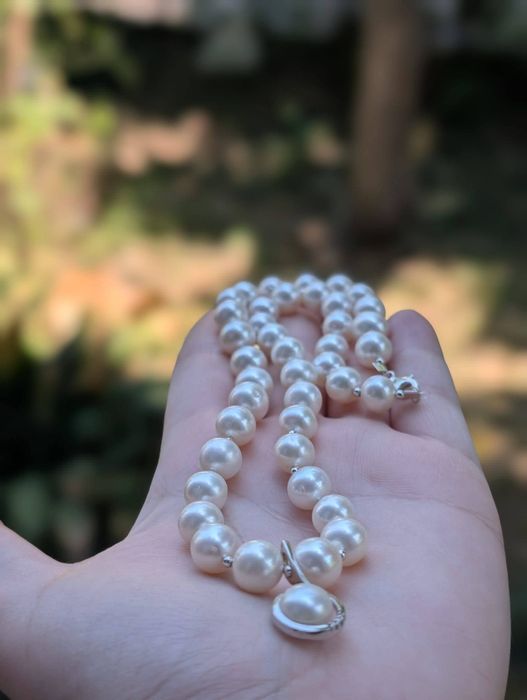 Vechi colier lant cu perle naturale apa dulce Akoya cu inchizatoare si elemente din argint de 925, pandantiv argint 925, cu perla si zirconii