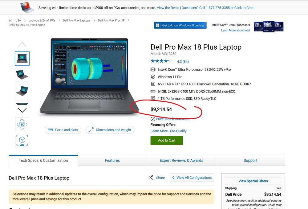 Laptop Dell Precision Pro Max 18 Plus Ultra9 64GB Ram RTX Pro 4000 5TB