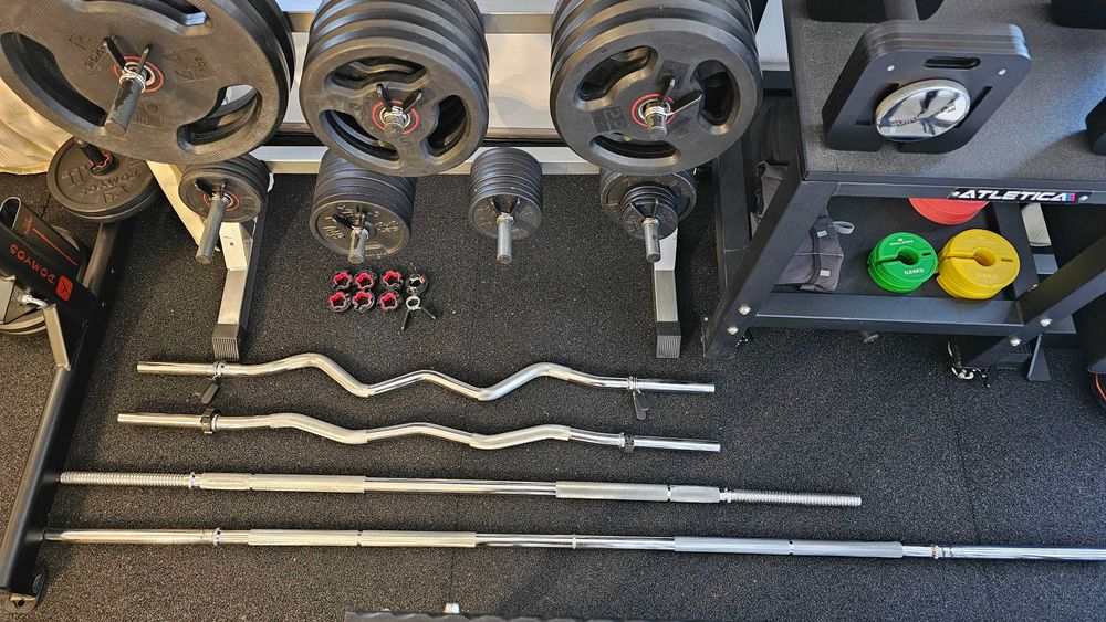 Home gym complet Decathlon Domyos - Half Rack 500, 199 kg discuri, bare, gantere, suport depozitare