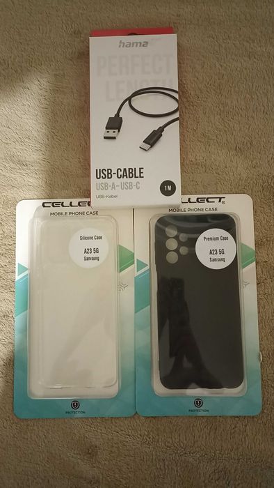 Продавам 2 броя кейсове за Samsung Galaxy A23 и USB-A към USB-C кабел