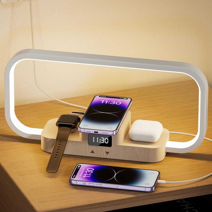 Lampă CRLL 3 în 1 cu încărcare wireless, ceas, USB și lumină reglabilă