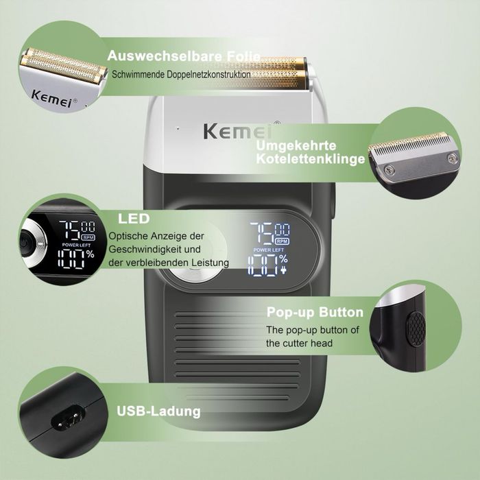 Aparat de ras electric Kemei, display LED, acumulator reîncărcabil și accesorii