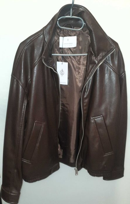 Geaca din piele Stradivarius, oversize, Noua, Eticheta, Maro