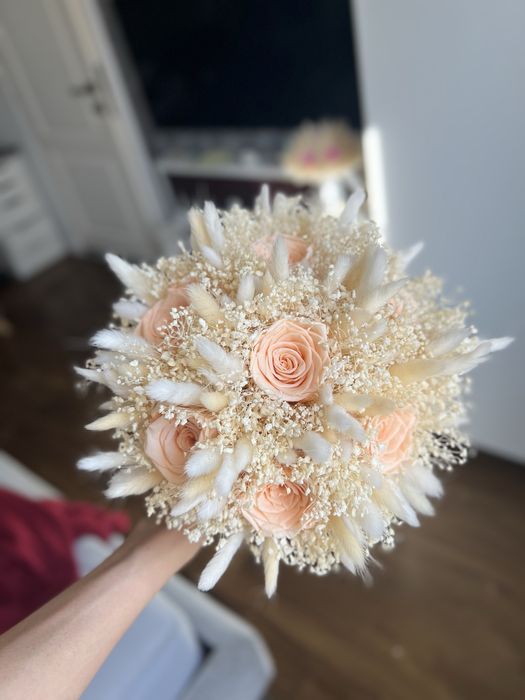 Buchet cununie/nunta din trandafiri naturali criogenati si flori uscate