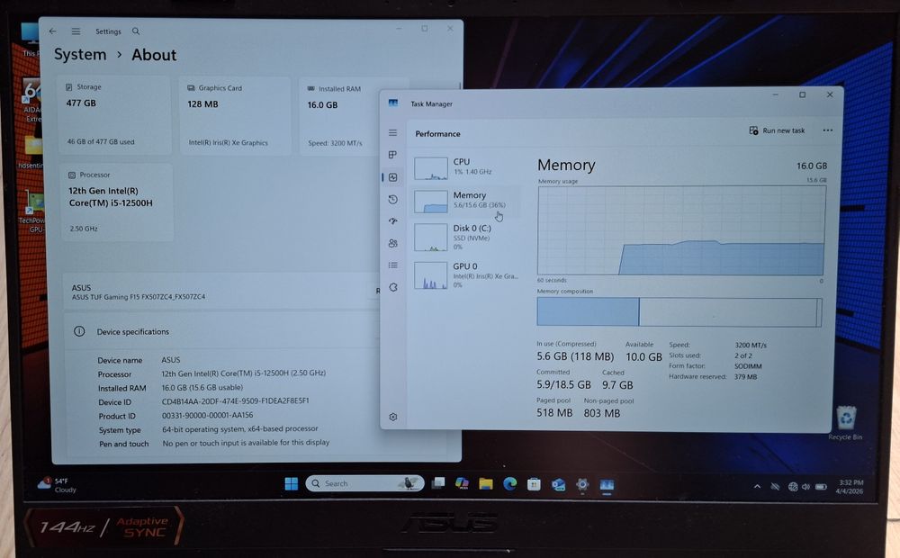 15.6' 144hz Asus TUF Intel Core i5-12500H/16GB/512GB SSD/Бат.5ч./Intel