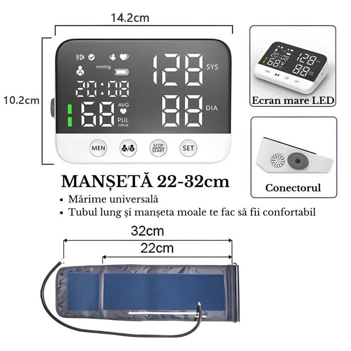 Tensiometru de Brat Premium, Afisaj LED ,Manseta 22-32cm ,USB-C + 220W