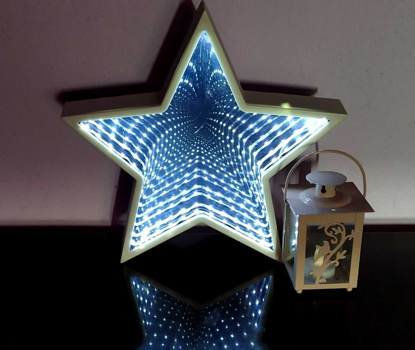 Stea LED infinity mirror + felinar LED din metal și sticlă