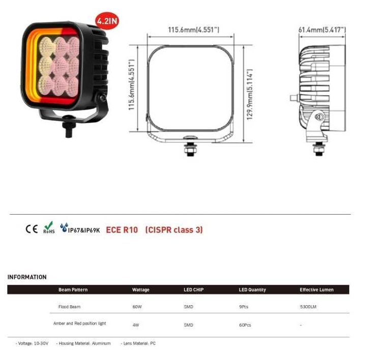 64W LED Халоген FLOOD – Работен Фар с Жълта и Червена Светлина 12V/24V