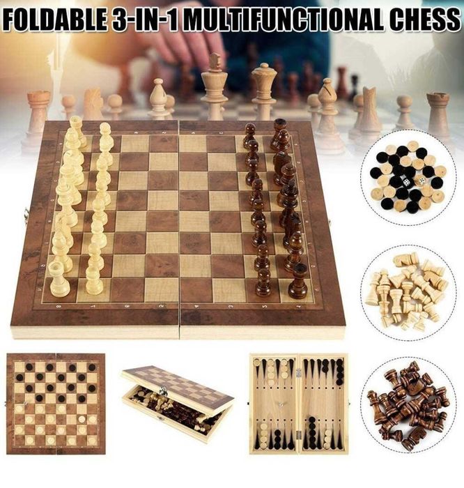 Дървен шах 3-в-1 с три класически игри: Шах Табла и Дама в 2 размера