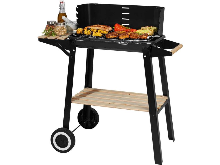 Grătar mobil pe cărbuni GRILLMEISTER cu roți, masă laterală și paravânt, suprafață 48,5×28,5 cm, Factura si Garantie