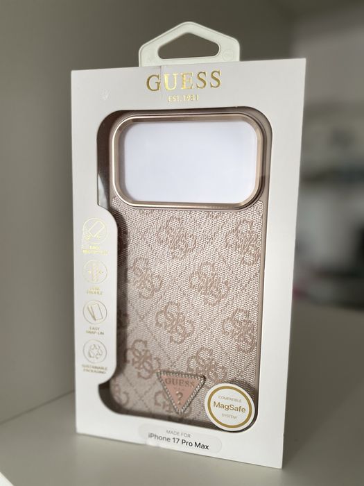 Guess Husa Leather 4G Triangle Logo Gold MagSafe Iphone 17 Pro Max Roz
