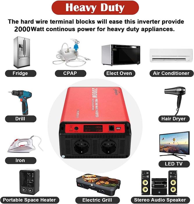 Hoenjuno 2000 W Car Inverter 12 V към 230 V 2000 W чист инвертор