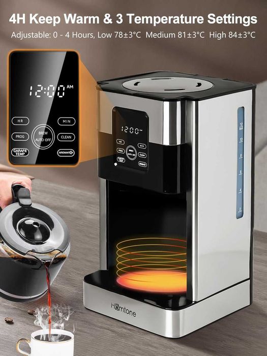 Cafetiere programabila Homtone, 1000 W, 1,8 l, 12 cesti, inox, negru