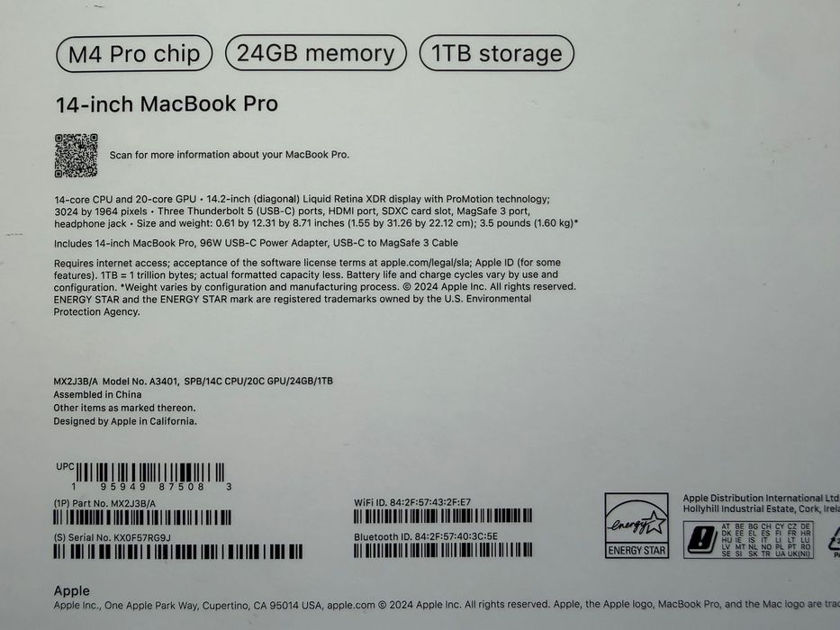ЧИСТО НОВ MacBook Pro 14" M4 PRO Chip 14-CPU/ 20-GPU/ 24GB RAM/ 1TB SSD