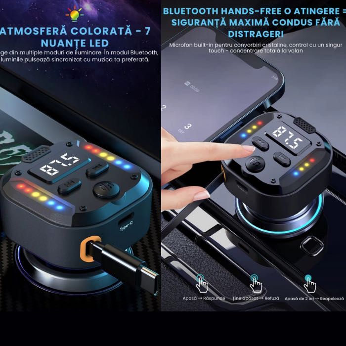 Modulator FM NETSTAT®Bricheta, BT 5.3 QC3.0 PD30W Cablu Retractabil