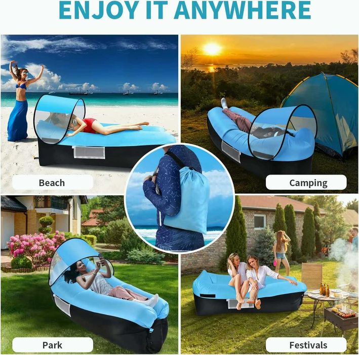 Нов Самонадуваем диван/легло Air sofa, Bubble bed, Голям размер, Със свалящ се сенник, Вградена възглавница, Чанта за носене и аксесоари