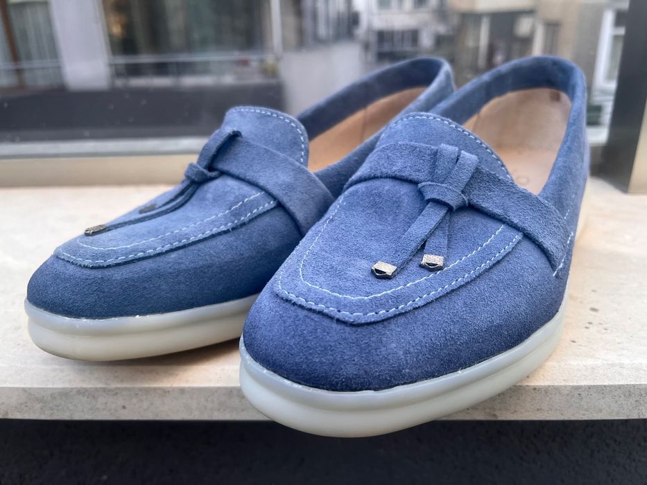 Дамски сини мокасини от естествен велур / Жіночі сині лофери замша