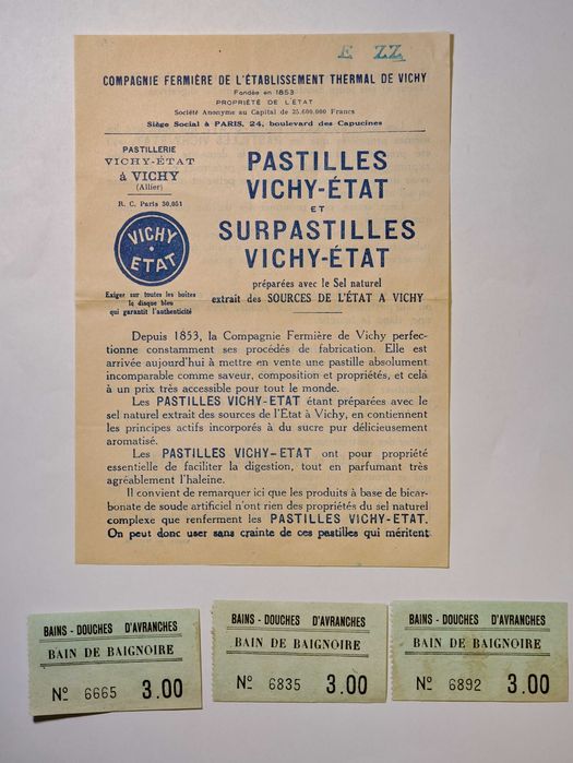 Lot Documente Vechi Franța: Reclamă Vichy-État + Bilete rare exclusive