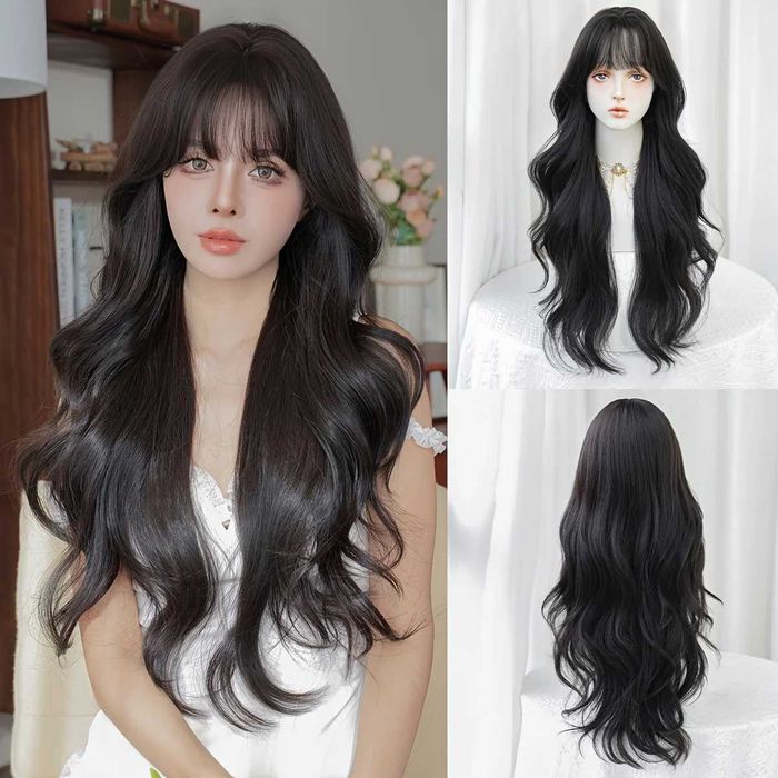 Натурално тъмно кафява чуплива перука на пластове с бретон