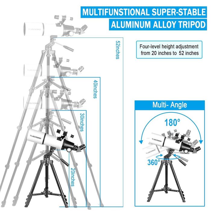 Телескоп с голямо увеличение, апертура 80 мм, 600 мм, раница...
