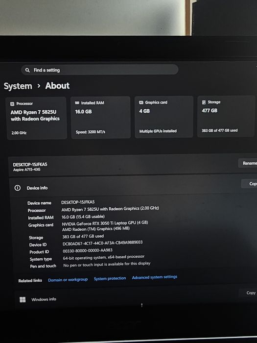 Laptop Acer Aspire 7 (RTX 3050 Ti,Ryzen 7)