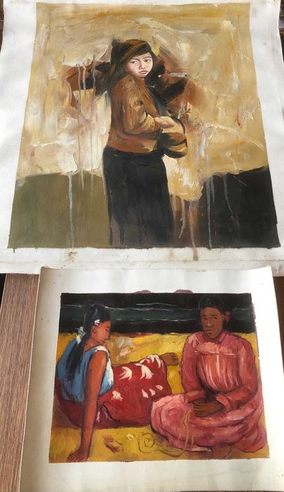 Картини – „Таитянски жени на плажа“ и  портрет на момиче, маслени бои