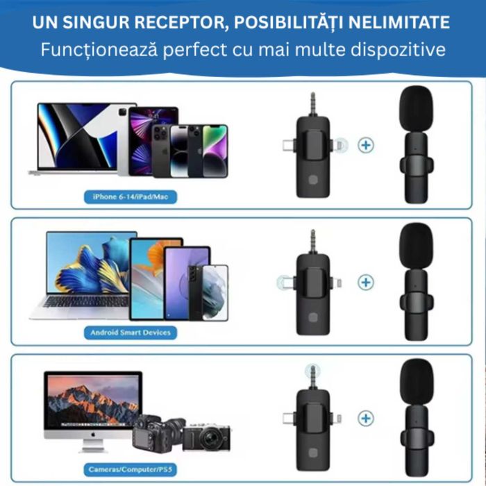 Microfon Lavalier Nexonix® Wireless K15, reducere a zgomotului, 3 în 1
