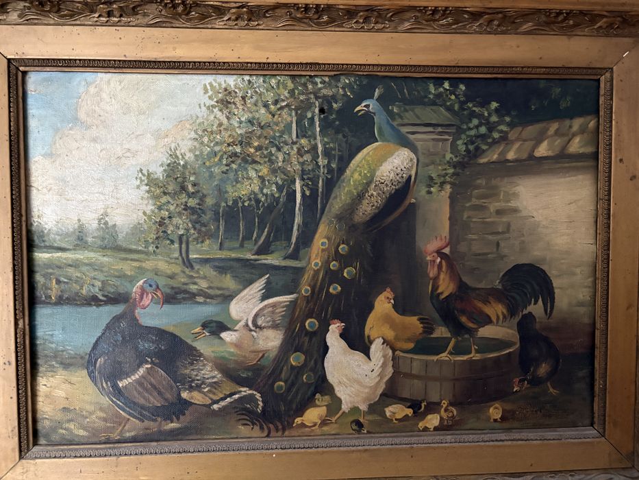 Tablou Vechi Pictură în Ulei pe Pânză Scena de Curte Paun Rama Baroca